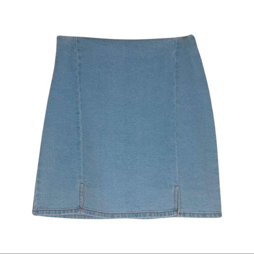 high waisted denim skirt with double slits in front